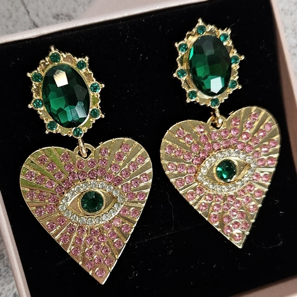 Mystical Evil Eye Glass Dangling Crystals Rhinestone Earrings Pink Green Gold - Picture 3 of 6